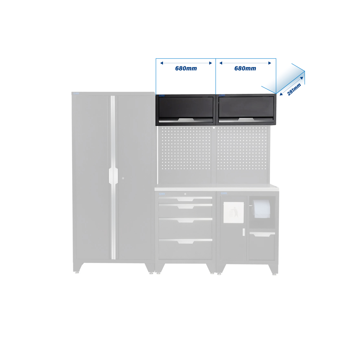 SGS 7pc Garage Storage System | 4 Drawers | Stainless Steel Worktop | Bin Unit | 2x Upper Cabinets | Tall Double Cabinet